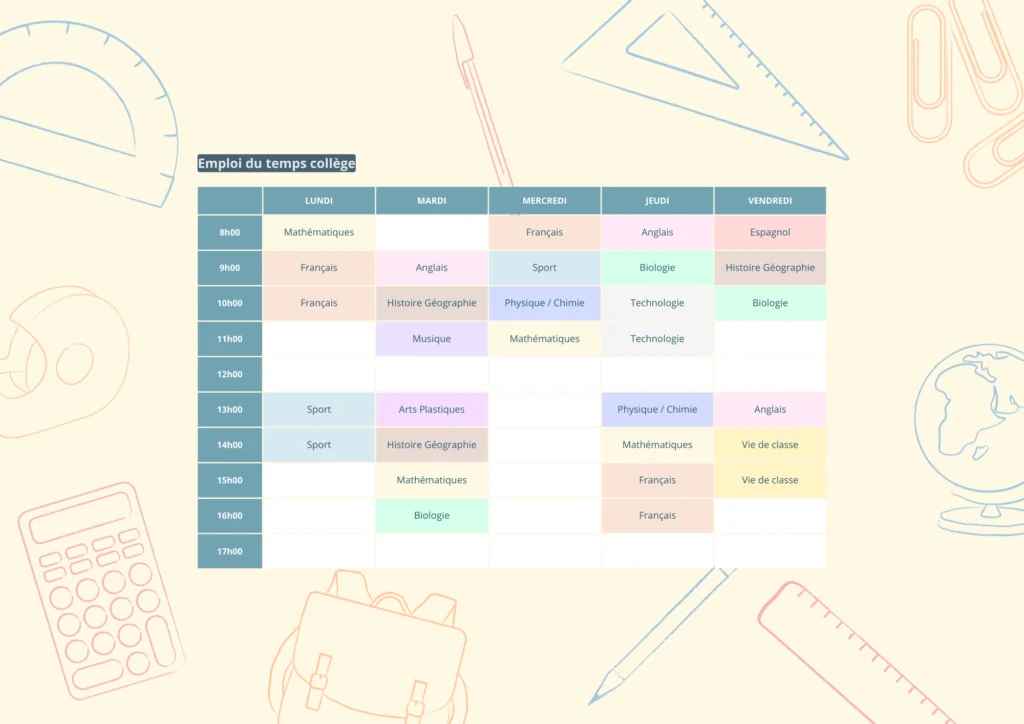 Exemple d'emploi du temps scolaire pour montrer la méthode du time blocking et apprendre à mieux gérer son temps pour gagner du temps, de l'efficacité, de la carté au quotidien, et un meilleur équilibre.