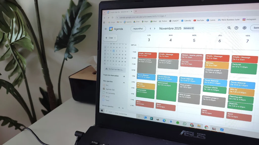 Exemple de planning sur google agenda avec la méthode time blocking, gestion du temps, gagner du temps, efficacité, maison TOA