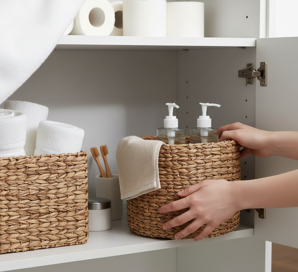 Rangement et désencombrement efficaces pour un intérieur serein, méthode Maison TOA. Architecte d'intérieur, coach en rangement. sur Nîmes, Arles, Avignon. Optimisation d'espace, rangement des placards salle de bain avec des paniers, des boîtes.