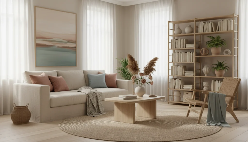 Salon lumineux, matières naturelles, palette beige/rose/bleu doux. Émotion : calme, clarté, respiration. Aménagement, décoration d'intérieur, organisation et rangement de la maison. Maison TOA