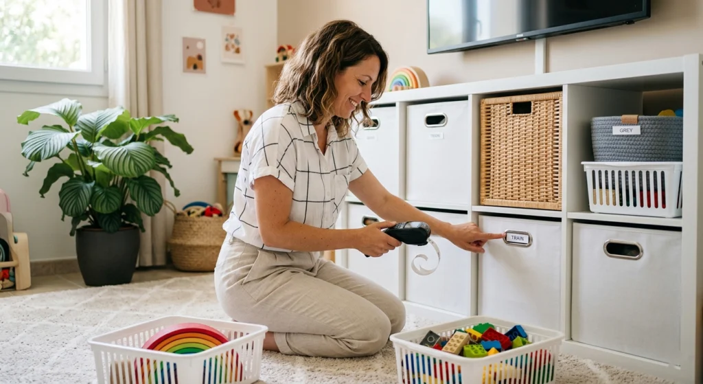 Femme coach en rangement, home organiser, qui met des étiquettes sur des boîtes pour catégoriser et ranger, organiser durablement. Trier, désencombrer, ranger, système organisation simple durable, questions à se poser, donner, garder, vendre, jeter, recycler Maison TOA, Clara Sécher, Architecte d'intérieur, Décoratrice d'intérieur, Home organiser, Coach en rangement, Nîmes, Arles, Avignon, Beaucaire