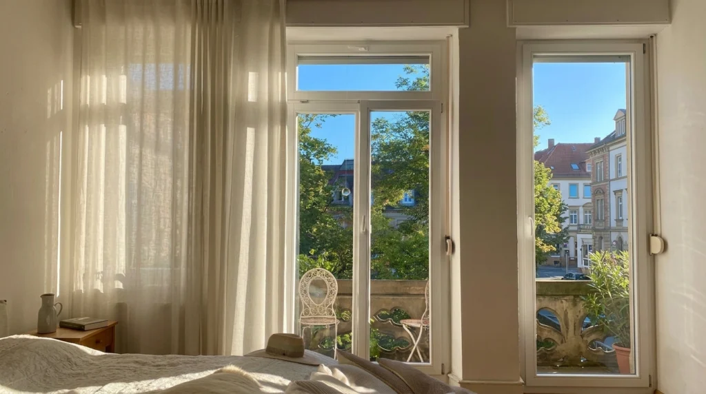 Chambre d’été apaisante avec ventilation naturelle et textiles légers favorisant le confort pendant les fortes chaleurs – Clara Sécher, Maison TOA, architecte d’intérieur et home organiser à Beaucaire, Nîmes, Arles et Avignon.