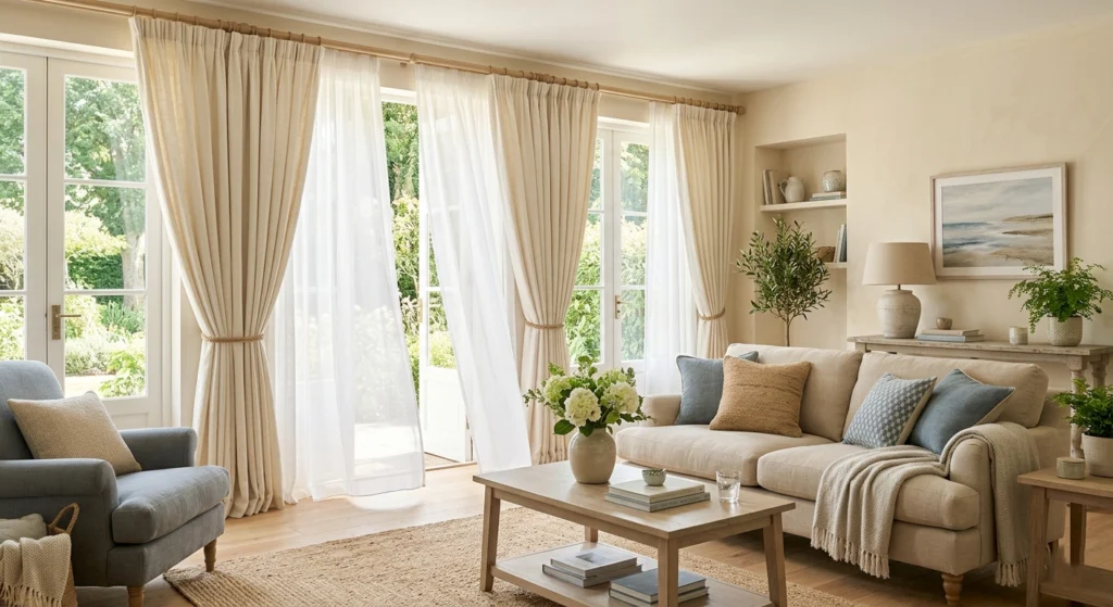 Salon lumineux aux tons naturels favorisant la fraîcheur en été – Clara Sécher, Maison TOA, architecte d’intérieur et home organiser à Beaucaire, Nîmes, Arles et Avignon.