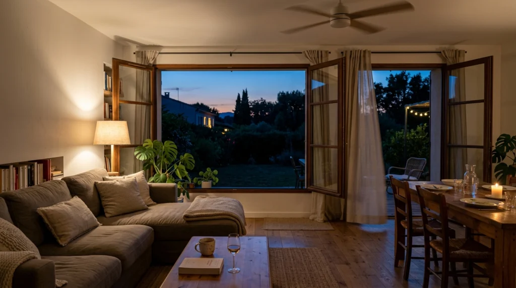 Pièce de vie aérée le soir avec fenêtres ouvertes pour rafraîchir naturellement la maison pendant la nuit – Clara Sécher, Maison TOA, architecte d’intérieur et home organiser à Beaucaire, Nîmes, Arles et Avignon.