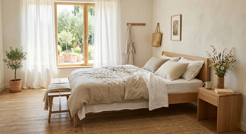 Chambre lumineuse aux tons et matières naturels favorisant la fraîcheur en été – Clara Sécher, Maison TOA, architecte d’intérieur et home organiser à Beaucaire, Nîmes, Arles et Avignon.