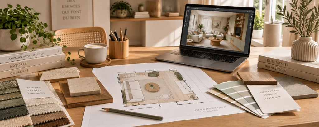 Plan et étude d’aménagement d’un petit salon par un architecte d’intérieur
