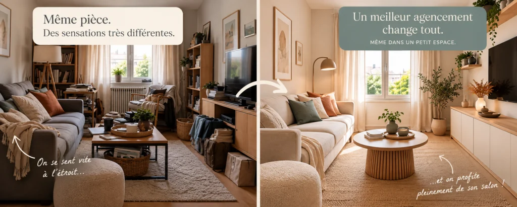 Comparaison d’un petit salon encombré et du même espace avec un meilleur agencement