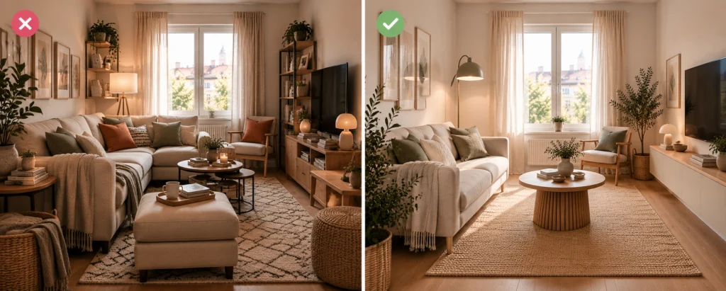 Comparaison entre un petit salon encombré et un agencement plus fonctionnel