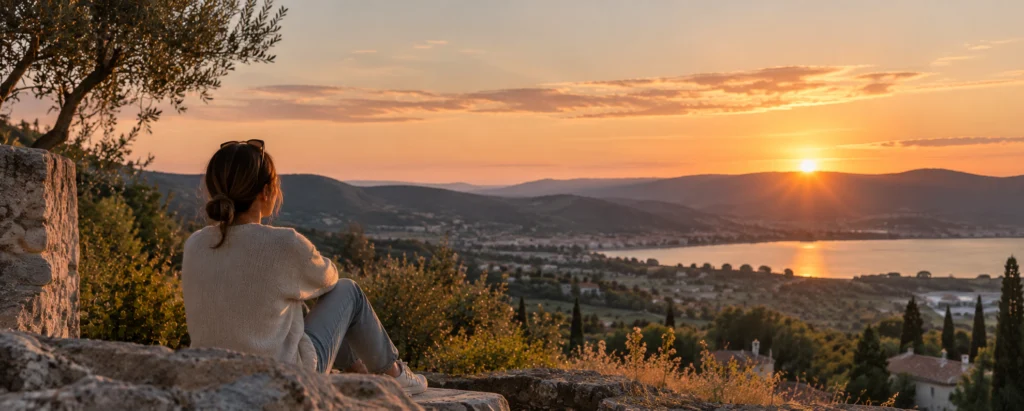 Femme contemplant un paysage au coucher du soleil dans une atmosphère apaisante