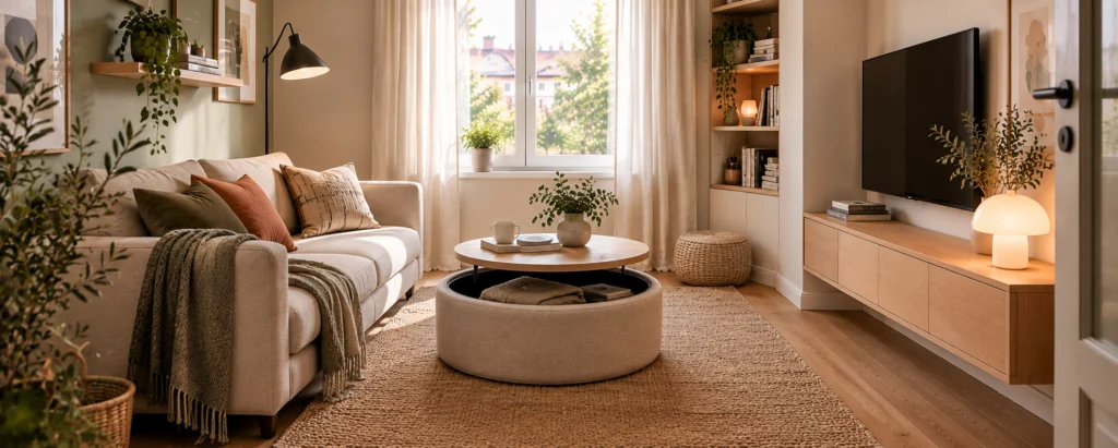 Petit salon avec peu de meubles pour gagner de la place et faciliter la circulation