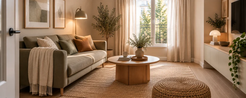 Petit salon chaleureux décoré avec des matières naturelles sans surcharge