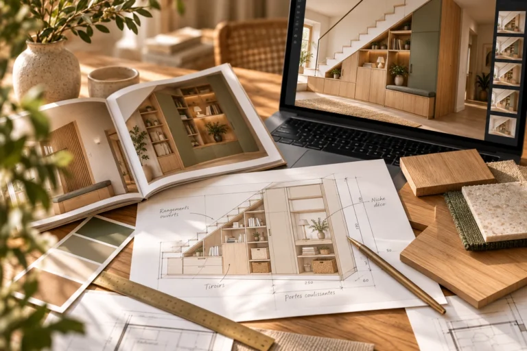 Conception de rangements sur mesure sous escalier en bois, avec plans techniques et projection 3D pour optimiser l'espace intérieur.