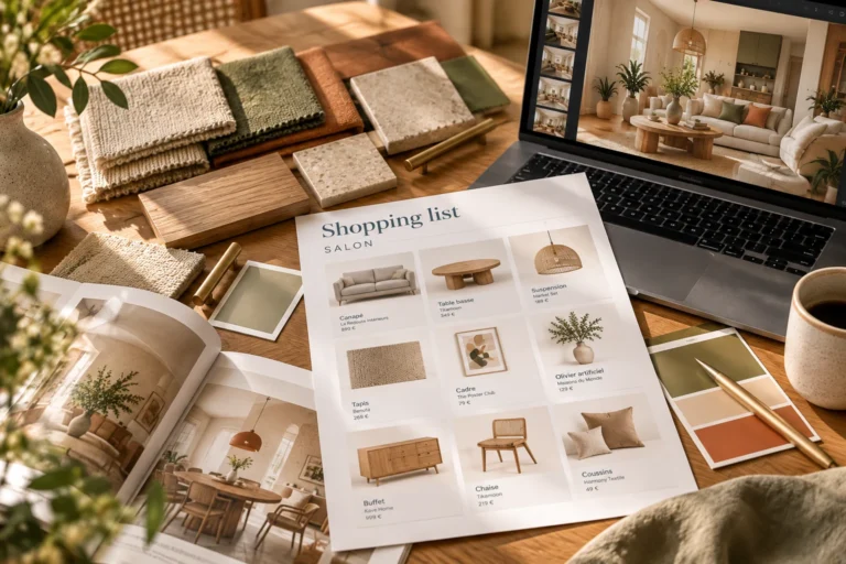 Shopping list décoration intérieure avec sélection de mobilier, luminaires et accessoires pour aménager un salon chaleureux et harmonieux.