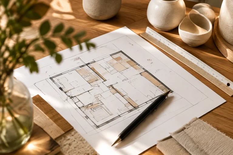 Plan d'aménagement intérieur 2D présentant la distribution des pièces, l'implantation du mobilier et l'optimisation des espaces d'une habitation.