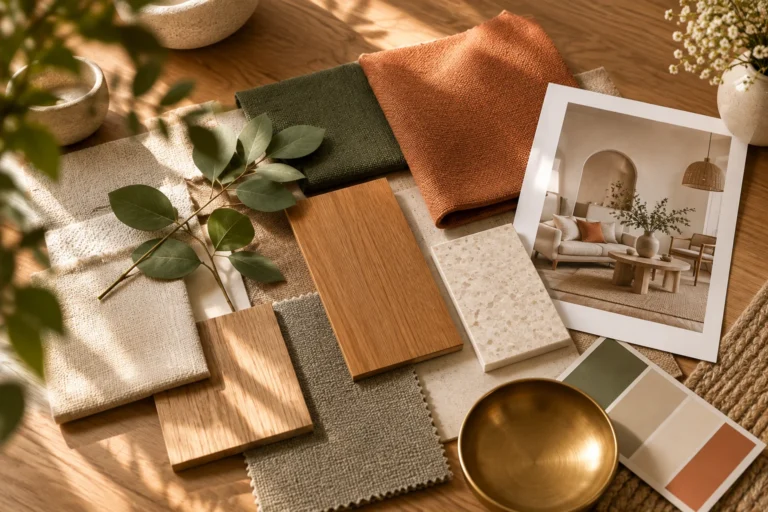 Planche d'ambiance décoration intérieure associant échantillons de bois, textiles, matériaux naturels et couleurs vert olive, beige et terracotta.