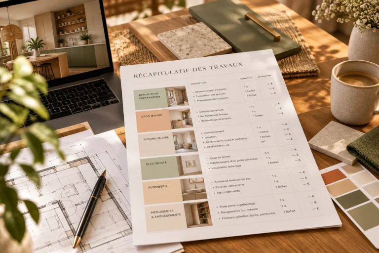 Récapitulatif des travaux de rénovation et d'aménagement intérieur, accompagné de plans techniques, matériaux et visualisation 3D.
