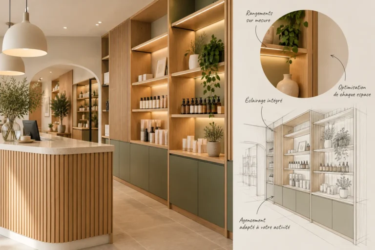 Agencement intérieur d'un commerce avec comptoir d'accueil en bois, rangements sur mesure, éclairage intégré et optimisation des espaces de vente.