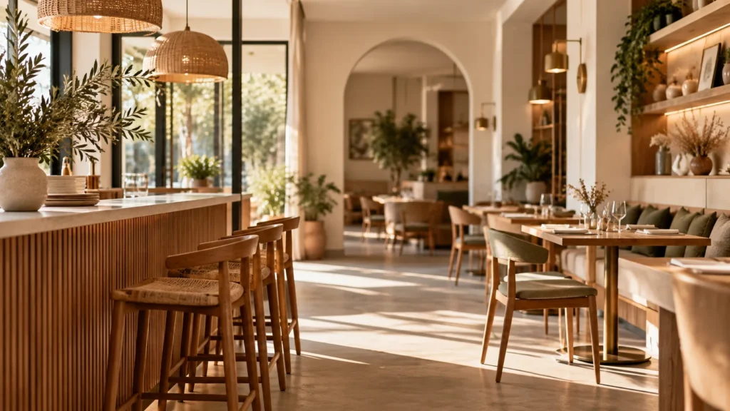 Aménagement intérieur d'un restaurant chaleureux avec comptoir en bois, mobilier en matières naturelles, banquettes et éclairage suspendu pour un espace accueillant et fonctionnel.
