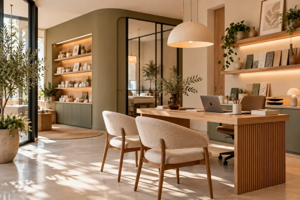 Aménagement d'un bureau professionnel chaleureux avec mobilier en bois, espace d'accueil, rangements intégrés et décoration naturelle pour un environnement de travail fonctionnel.