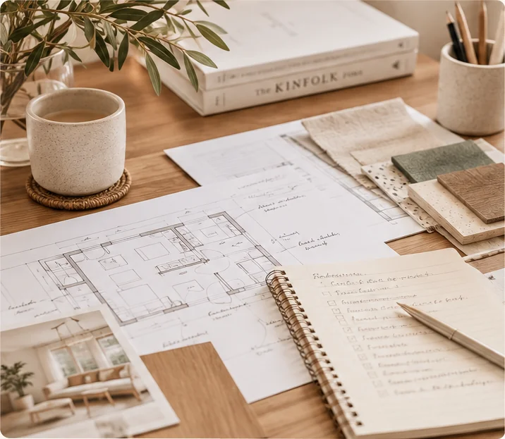 Plans d'aménagement intérieur, échantillons de matériaux et carnet de notes pour un accompagnement en coaching maison et optimisation des espaces par Maison TOA. Copier