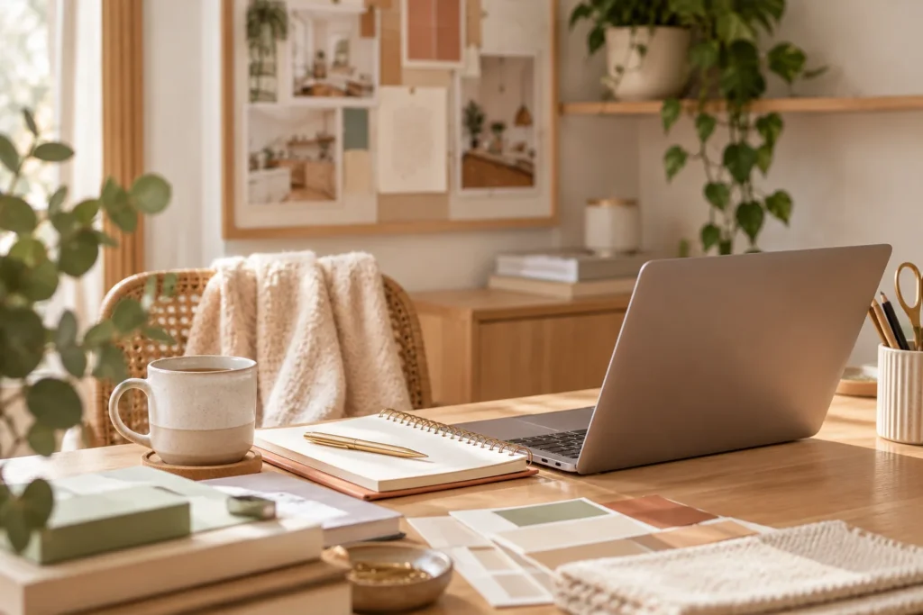 Plans d'aménagement intérieur, échantillons de matériaux et carnet de notes pour un accompagnement en coaching maison et optimisation des espaces par Maison TOA.