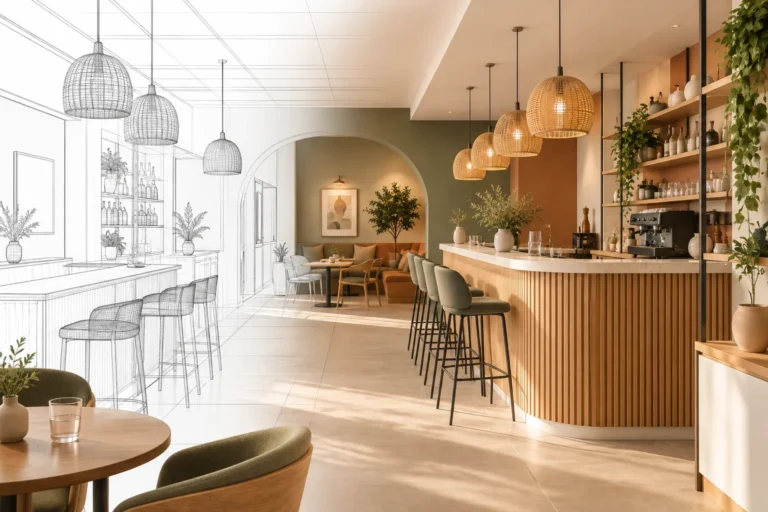Comparaison entre croquis d'architecture intérieure et rendu réaliste d'un café avec comptoir en bois, luminaires suspendus et espace de restauration aménagé.
