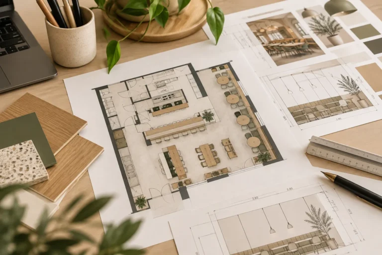 Plans d'agencement d'un restaurant avec implantation du mobilier, élévations et échantillons de matériaux pour un projet d'architecture intérieure professionnelle.