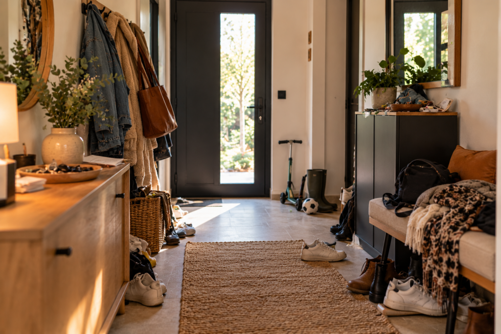 Entrée familiale encombrée de chaussures, manteaux, sacs et affaires d'enfants, avec banc, meuble de rangement et patères murales.