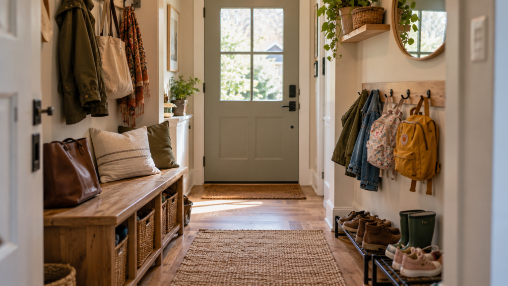 Entrée familiale organisée avec banc en bois, paniers de rangement, patères pour manteaux et cartables d'enfants, meuble à chaussures et circulation dégagée.