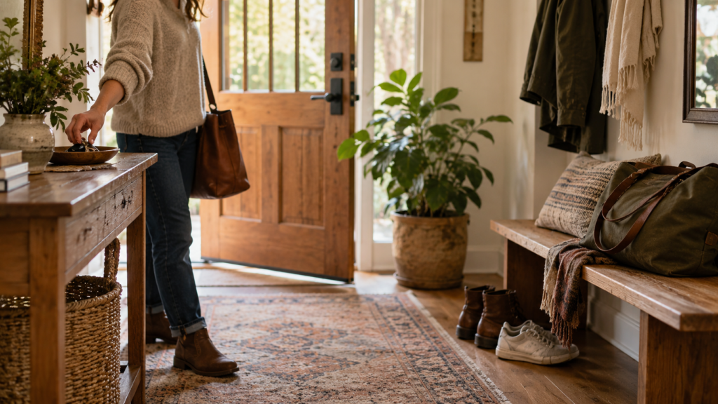 Femme déposant ses clés dans une entrée chaleureuse et organisée, avec meuble en bois, banc, patères et rangements pratiques.