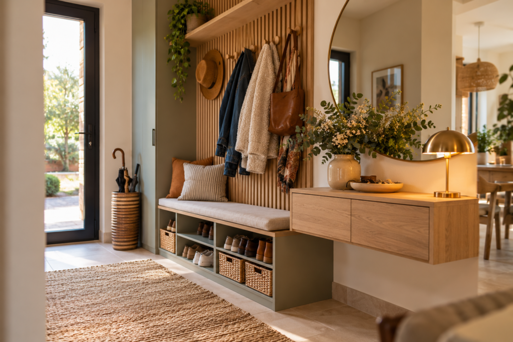 Entrée scandinave chaleureuse avec banc à chaussures, rangements intégrés, patères sur tasseaux de bois, meuble suspendu et miroir rond.