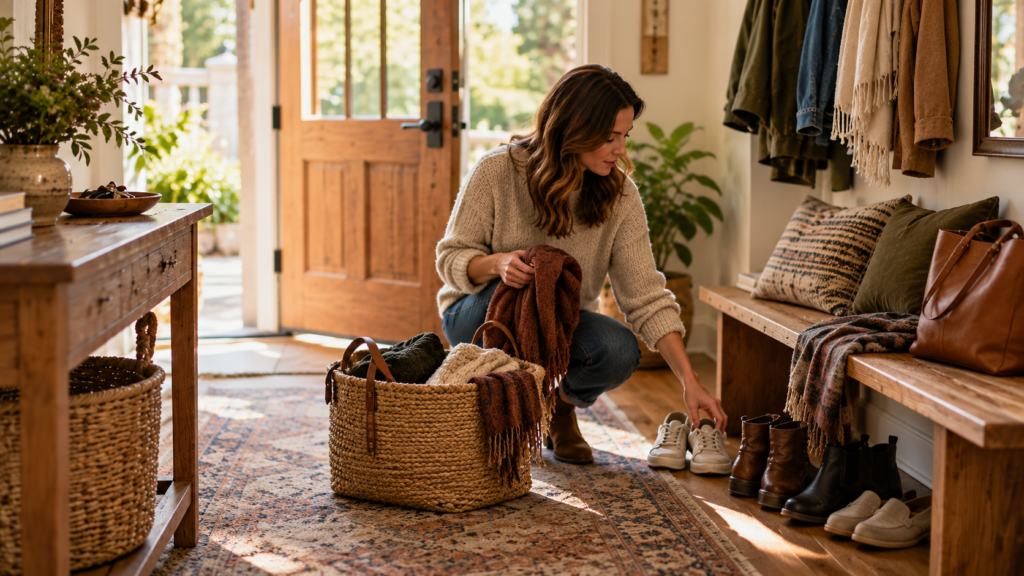 Femme triant des vêtements et rangeant des chaussures dans une entrée chaleureuse, avec panier en osier, banc en bois et rangements pratiques.