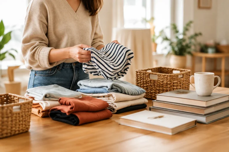 Femme effectuant le tri et le pliage de ses vêtements à domicile, une étape du home organising pour désencombrer et organiser son intérieur.
