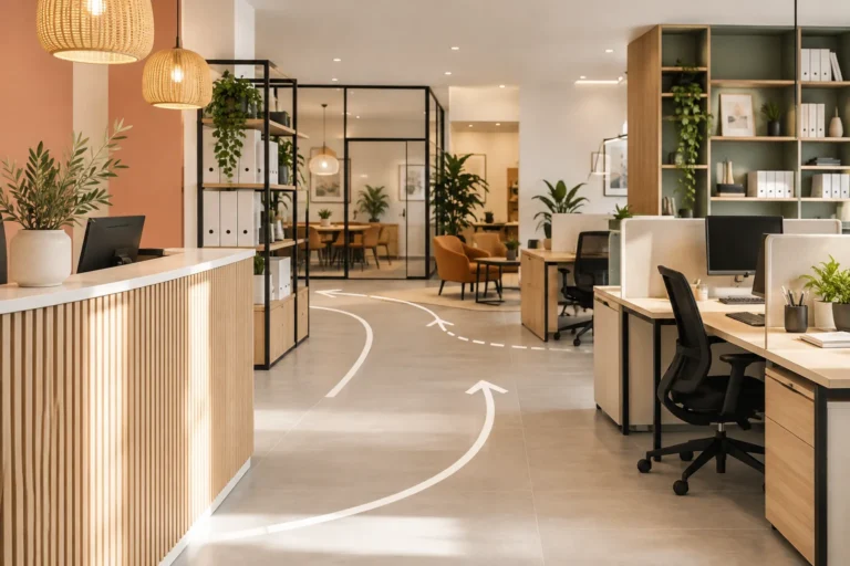Aménagement de bureaux professionnels avec accueil, postes de travail, cloisons vitrées et flèches illustrant l'optimisation des circulations intérieures.