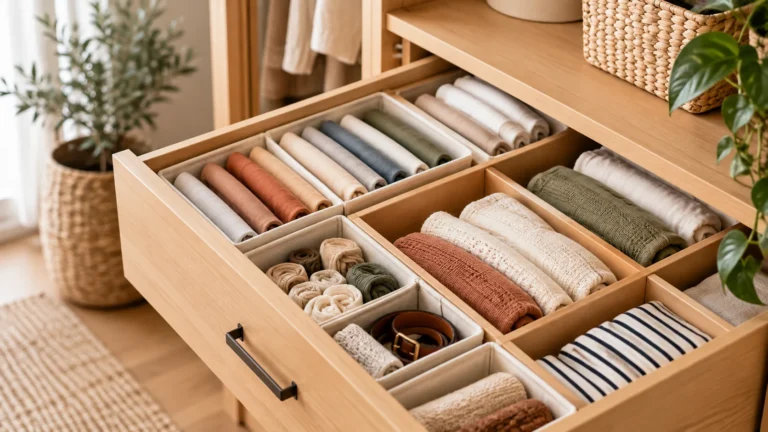 Tiroir de commode optimisé avec séparateurs et vêtements pliés verticalement pour gagner de la place et faciliter le rangement quotidien.