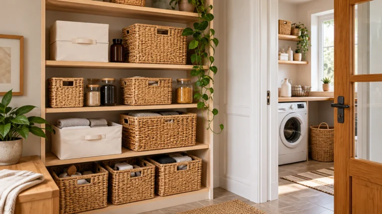 Cellier et buanderie organisés avec étagères en bois, paniers et boîtes de rangement pour optimiser les espaces de stockage de la maison.