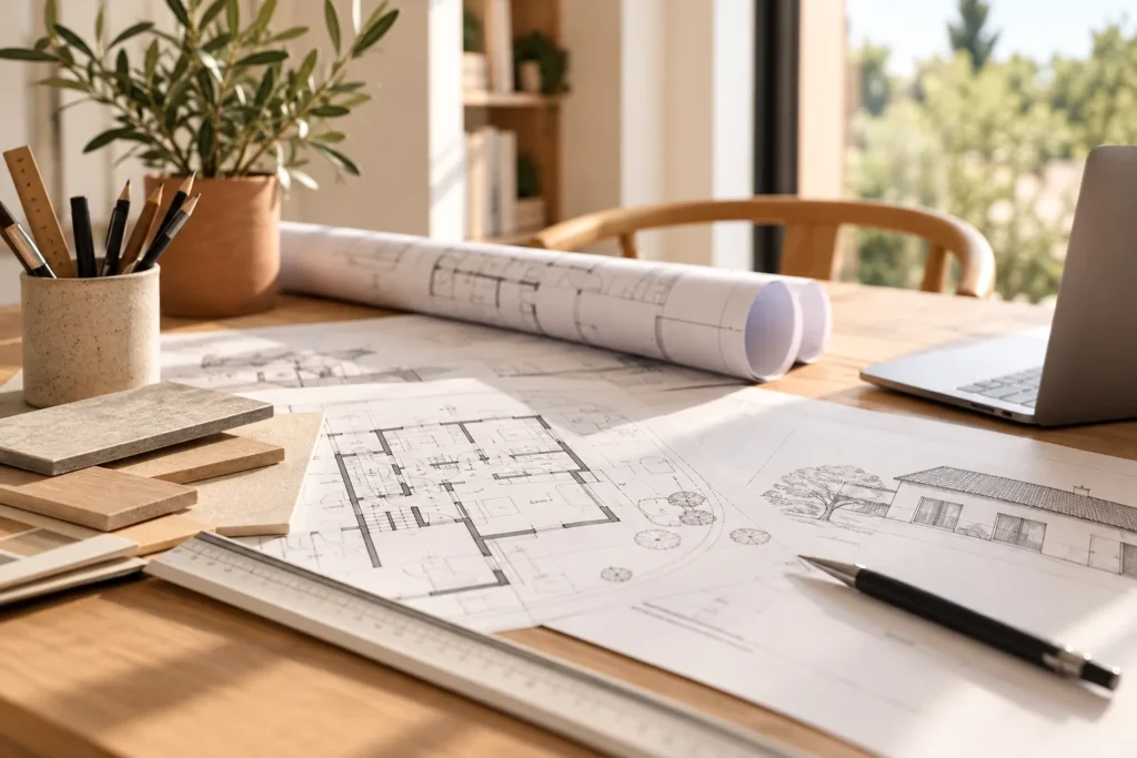 Plans de maison sur mesure et dessins de façades disposés sur un bureau avec échantillons de matériaux, pour un projet de conception et d'aménagement intérieur.