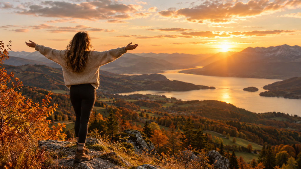 Femme les bras ouverts face à un lac et aux montagnes au coucher du soleil, évoquant la liberté, la sérénité et le bien-être.